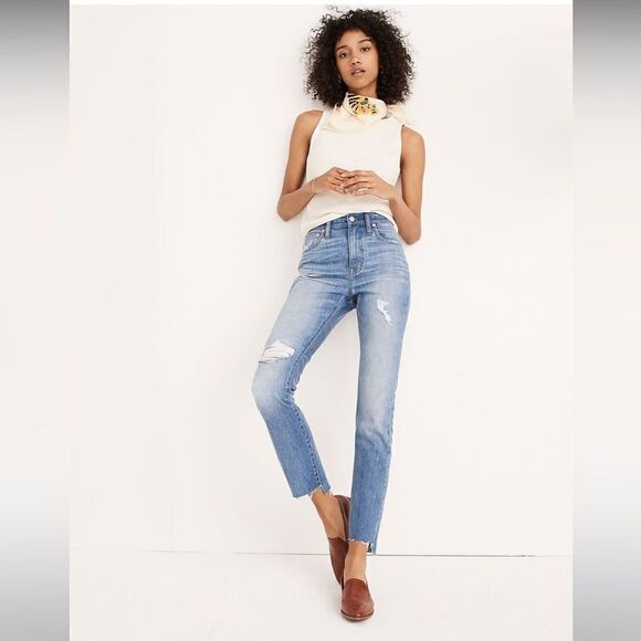 Madewell The High-Rise Slim Boyjean Distressed in Lita Wash: Step-Hem Size 26 - Picture 1 of 14